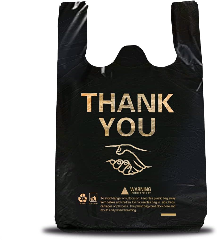 50 pcs Thank You Plastic T Shirt Bags for Small Business Store Disposable Plastic Shopping Bag with Handle tshirt Bag Heavy Duty Bulk 7x15 Inch from Black