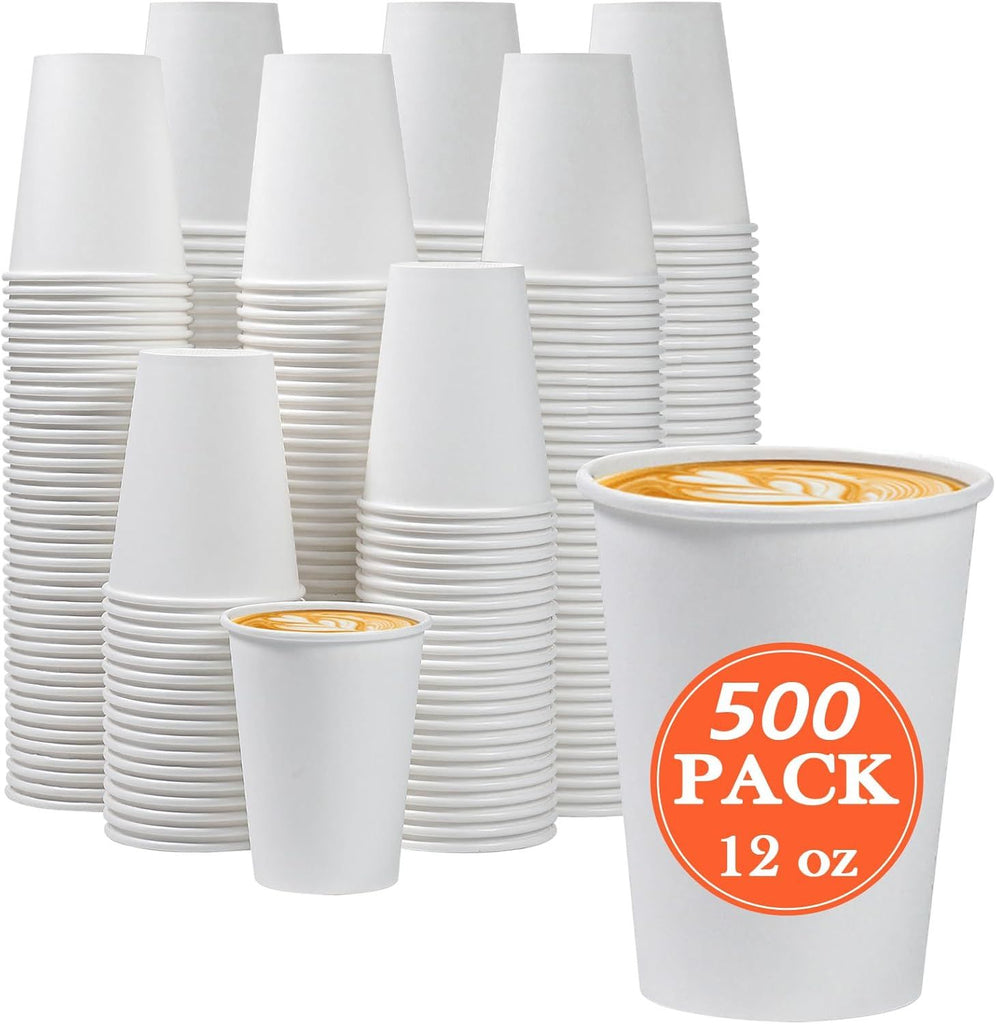 500 Count 12 oz Paper Coffee Cups, Disposable Paper Coffee Cups for Hot or Cold Drinks, 12 Ounce White Beverages Water Cups for Party, Picnic, Travel, Events