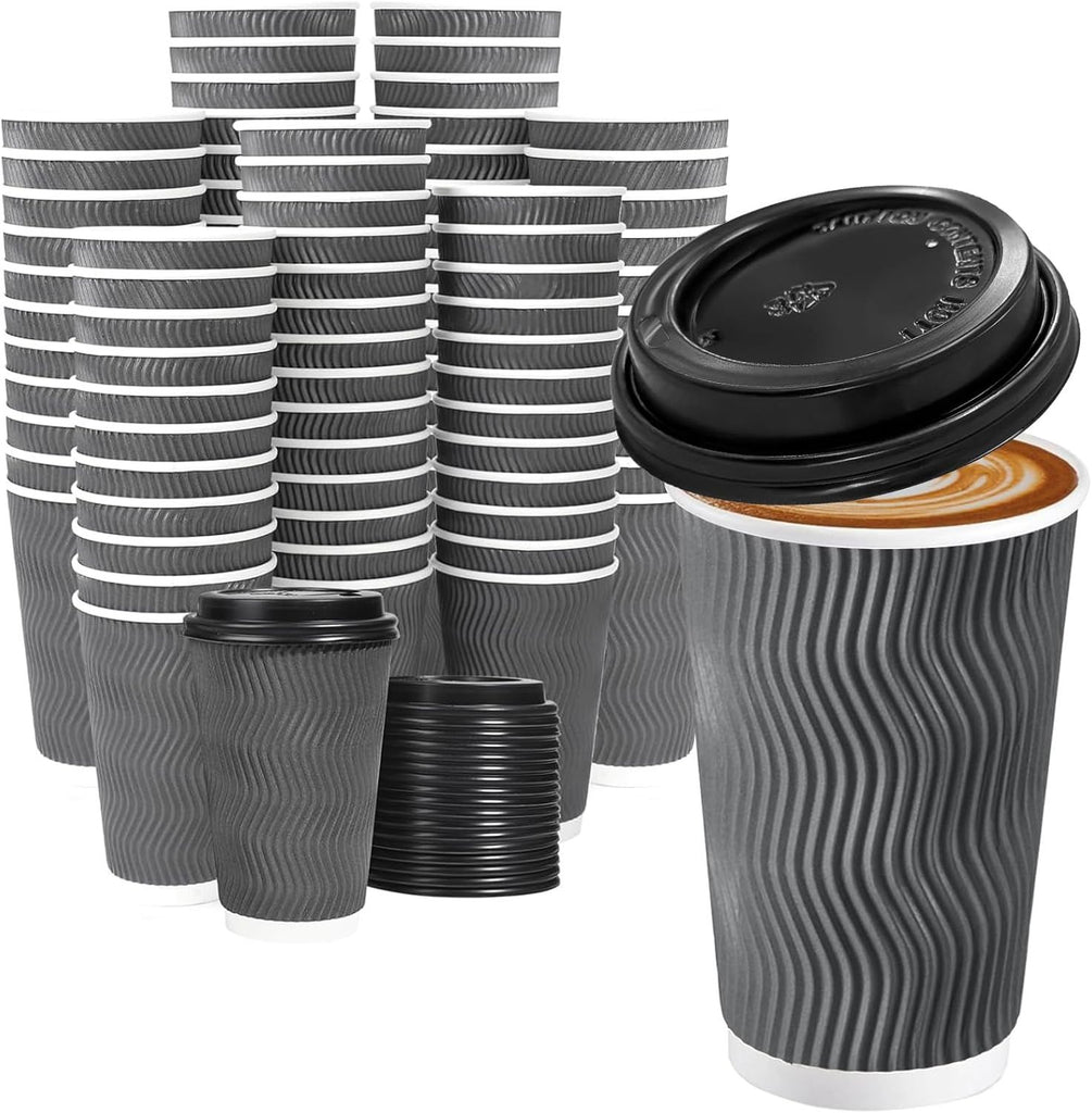 500 Pack - 16 oz Insulated Disposable Coffee Cups with Lids, To Go Paper Coffee Cups with Lids, Corrugated Ripple Wall Cup for Hot Drink Office Coffee Bar (Grey)