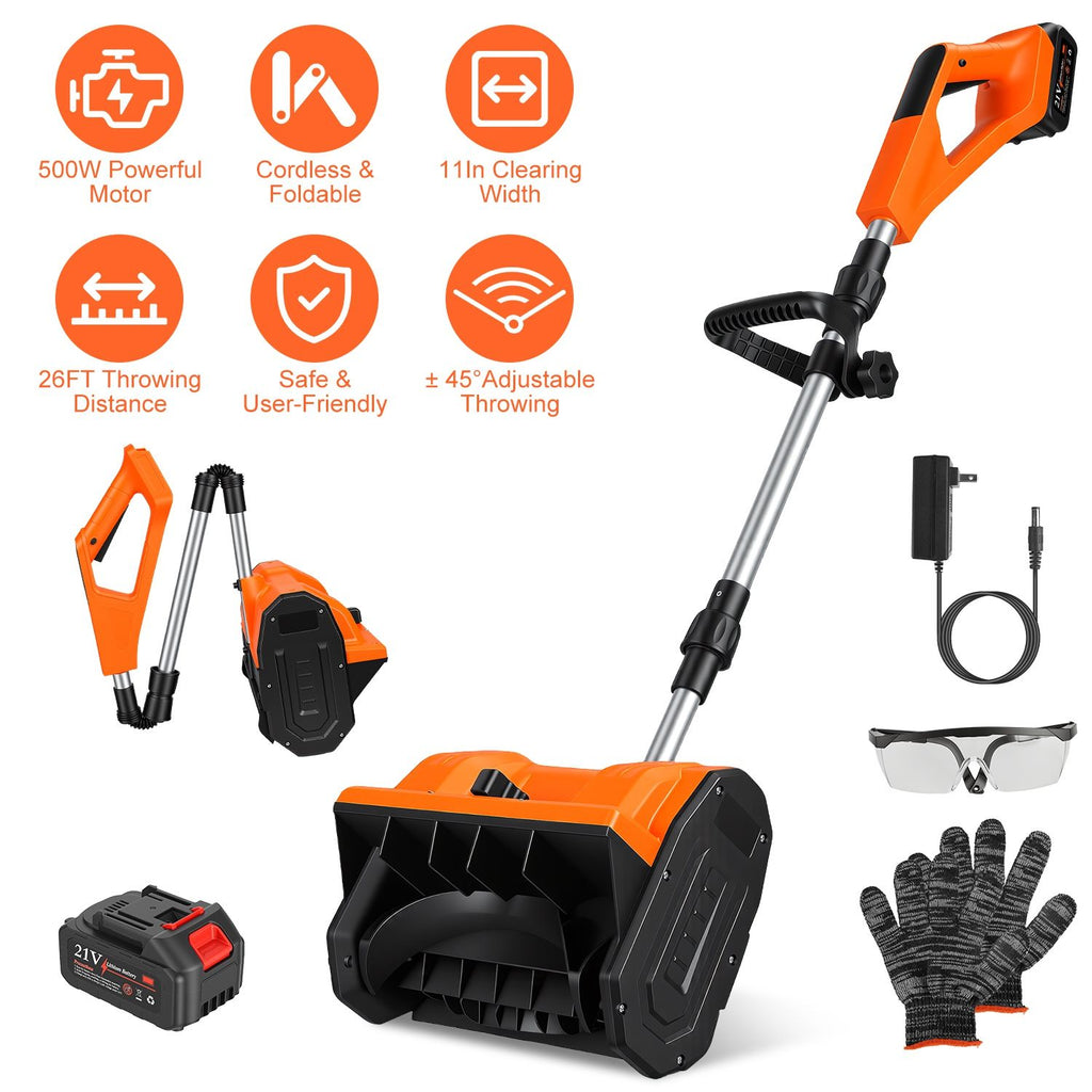 500W 21V 11In Cordless Snow Shovel Foldable Battery Powered Snow Thrower with ±45° Directional Plates Rechargeable Battery Gloves Goggles for Patio Driveway
