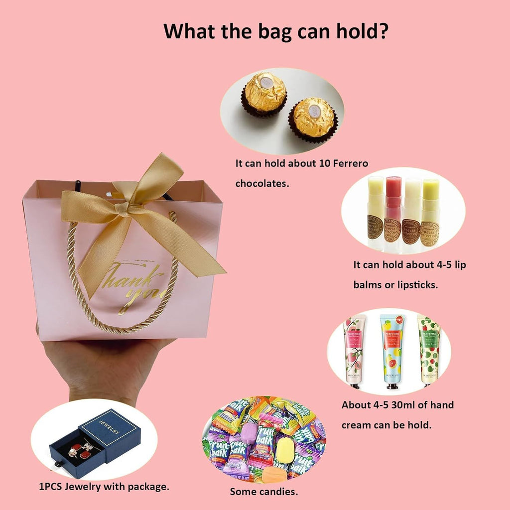 50Pack Small Thank You Gift Bags With Handles-5.5''x 2.5''x4.7'' Mini Pink Gift Bags Bulk for Baby Shower, Birthday, Wedding, Party Favors