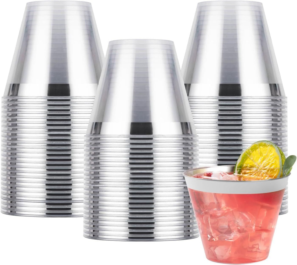 50PCS 9oz Plastic Cups for Party, Disposable Silver Plastic Cups, Cocktail Glasses for Wedding Thanksgiving