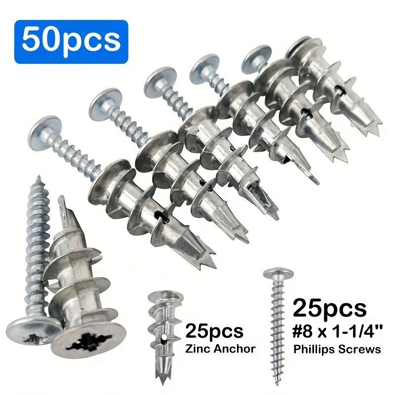 50PCS Zinc Self-Drilling Drywall Anchors, 50 Heavy Duty Hollow Metal Wall Anchors and 50#6 x 1-1/4'' Screws, Sheetrock Anchors and Screws Kit