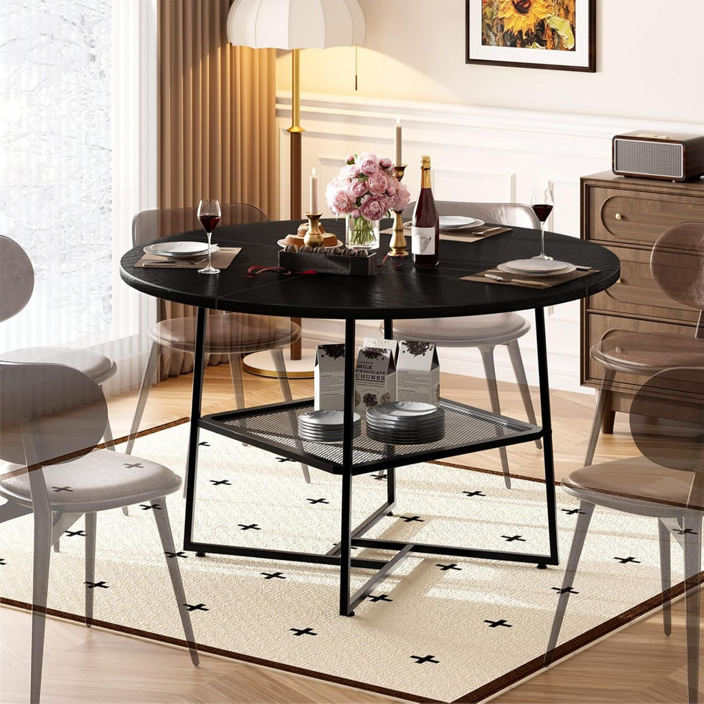 51'' Round Dining Table for 4-6  Tiger Stripes/Black Wooden Dining Room Table with Storage Shelf Space Saving Circle Dinner Table with Metal Legs for Kitchen Living Room Dining Restaurant Furniture