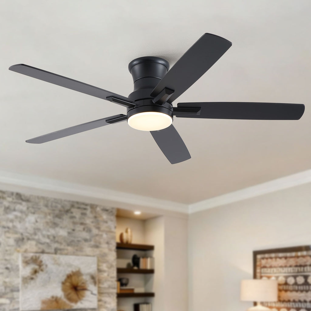 52 in. Mordern Farmhouse Matte Black Flush Mount Low Profile Ceiling Fan with Light and Remote Control Reversible Quiet Motor