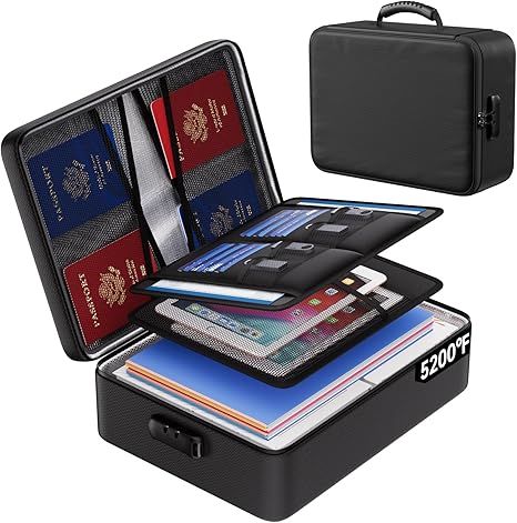 5200°F Fireproof Document Bag with Lock, Upgraded Heat Insulated Fireproof Box 8 Layers File Organizer, Portable Home Travel Safe Storage for Important Documents,Passports,Laptop, Black