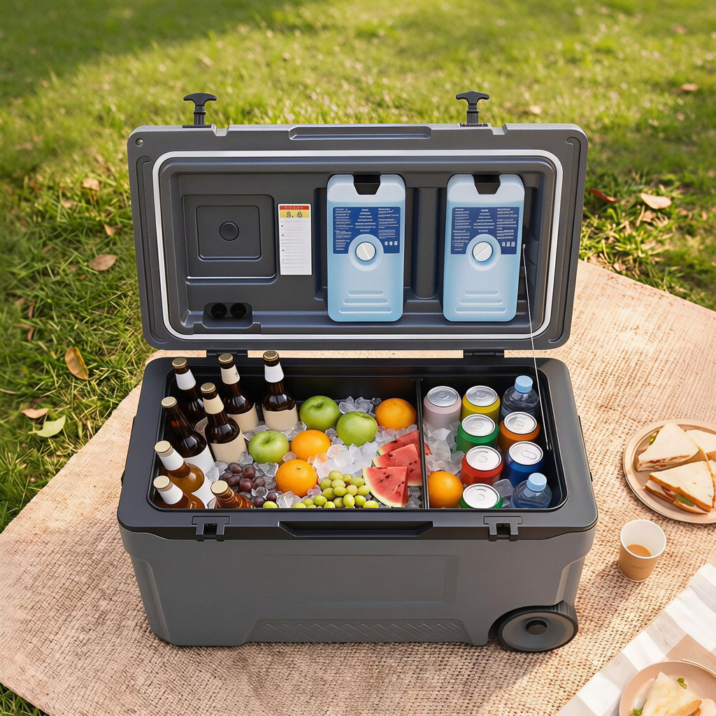 53 Quart Portable Rolling Cooler with Fish Ruler Outdoor Picnic Ice Chest Waterproof Large Capacity Rolling Cooler