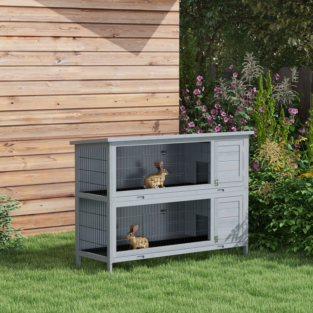 54" 2-Story Large Rabbit Hutch Bunny Cage Wooden Pet House Small Animal Habitat with Lockable Doors, No Leak Tray and waterproof Roof for Outdoor/Indoor Grey