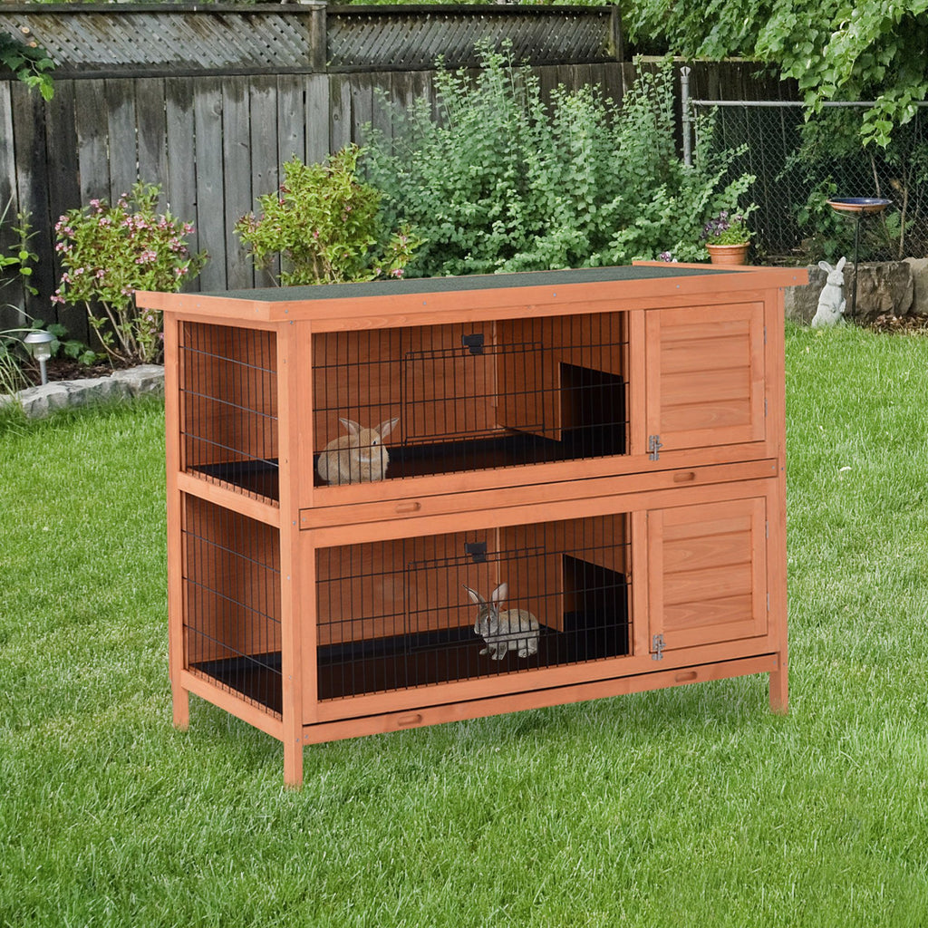 54" 2-Story Large Rabbit Hutch Bunny Cage Wooden Pet House Small Animal Habitat with Lockable Doors, No Leak Tray and Waterproof Roof for Outdoor/Indoor Natural