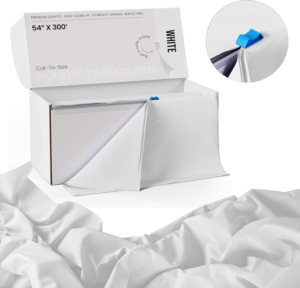 54 Inch X 300 Feet White Plastic Table Cover Roll in A Cut - to - Size Box with Convenient Slide Cutter. Cuts Up to 36 Rectangle 8 Feet Plastic Disposable Tablecloth