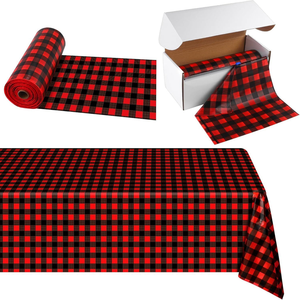 54 Inch x 300 Ft Red and Black Checkered Plastic Table Cloth Roll Disposable Red Black Buffalo Plaid Table Cover Roll with Easy Slide Cutter for Christmas Party/Home Dining/Decor