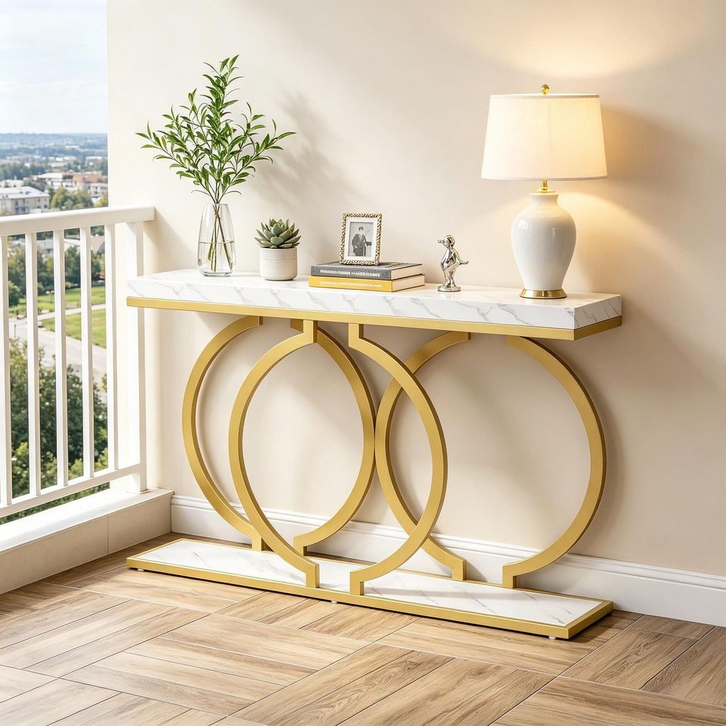 55 Inch Console Table Narrow Entryway Sofa Table with Geometric Metal Frame Living Room Decorative Table