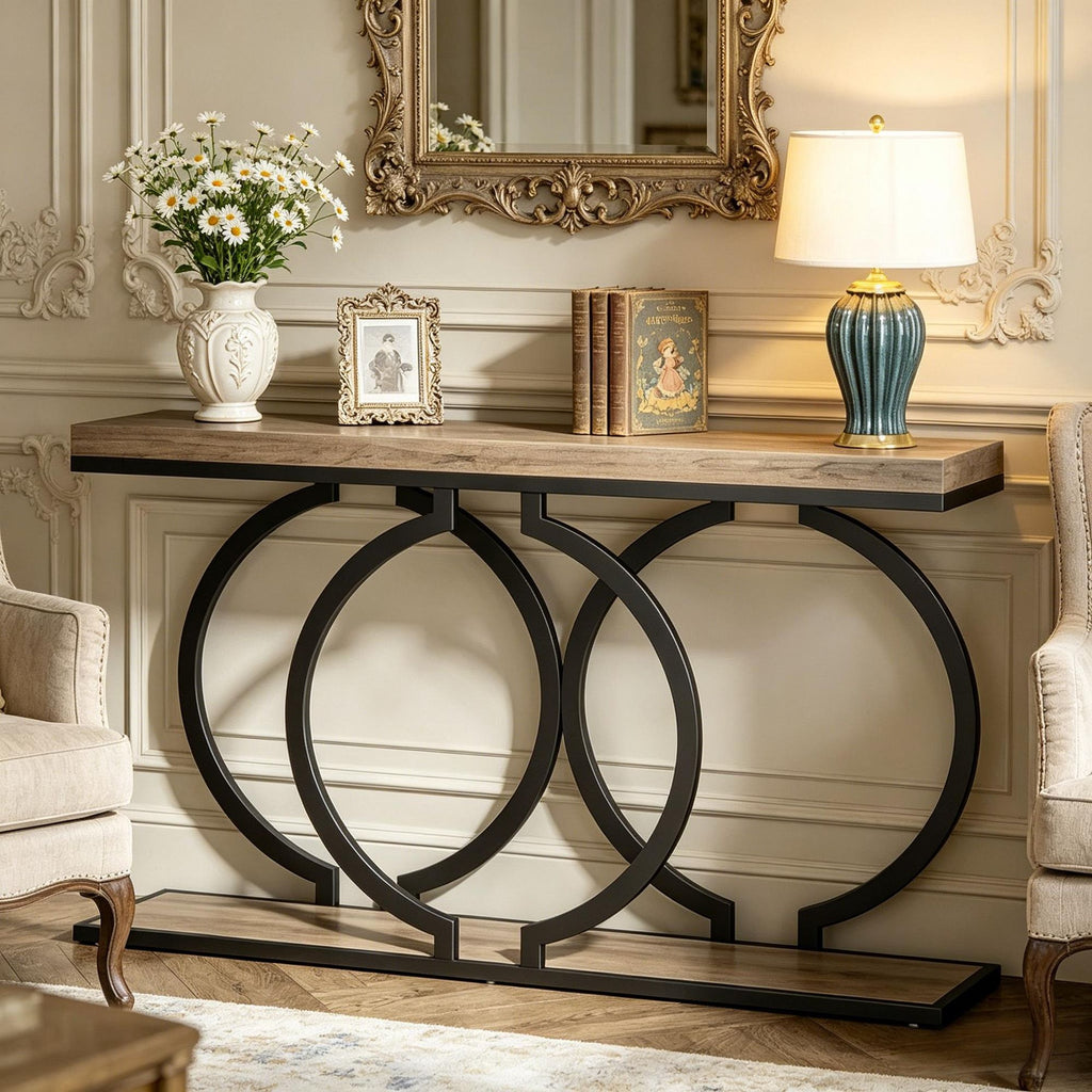 55 Inch Console Table Narrow Entryway Sofa Table with Geometric Metal Frame Living Room Decorative Table