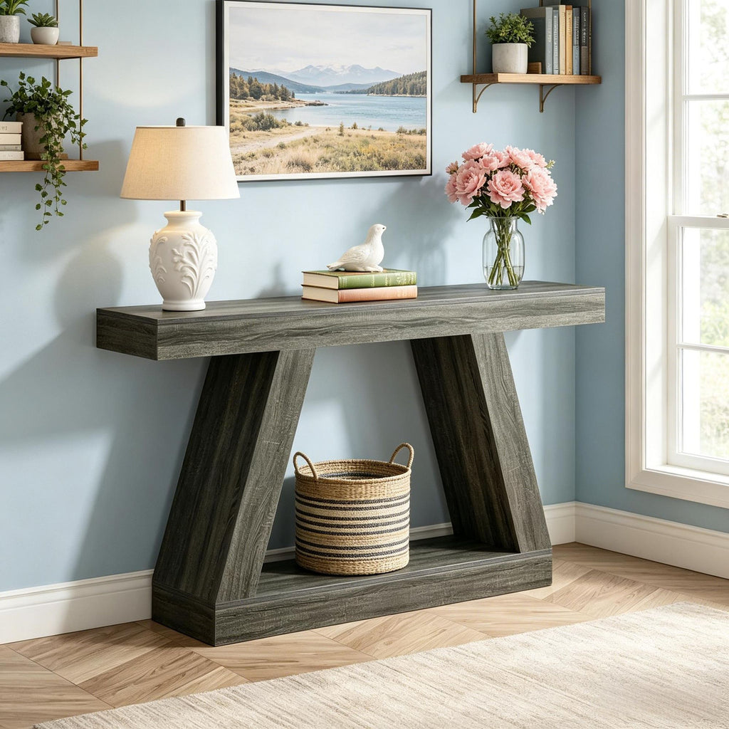 55 Inch Farmhouse Console Table Sofa Table with Storage Country Style Hall Table Living Room Decorant Center Table