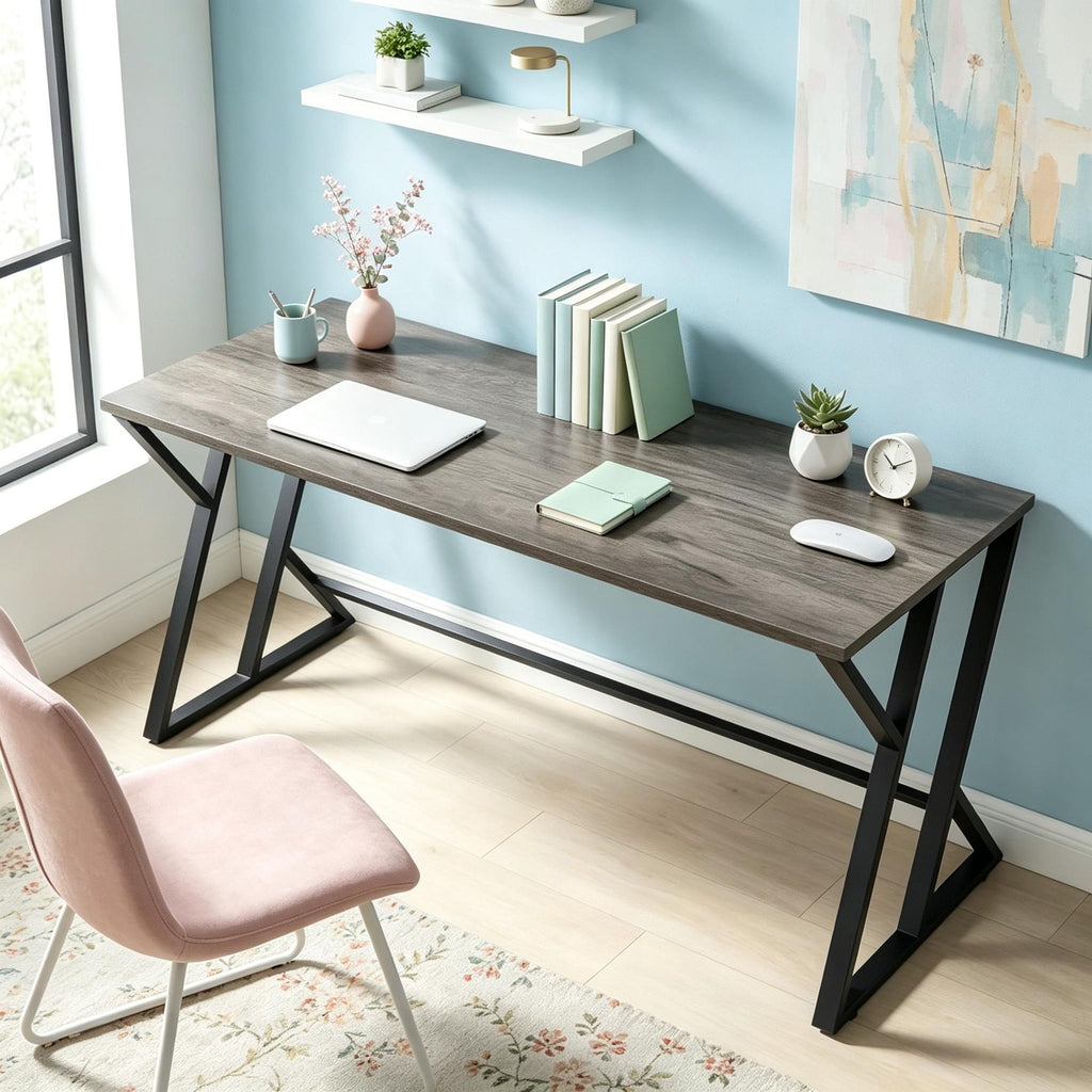55 Inch Industrial Writing Desk with Z-Shaped Metal Leg Distressed Gray Computer Desk Study Table for Home Office