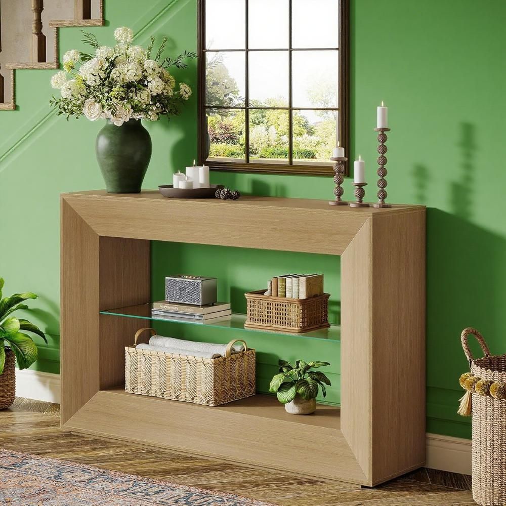 55-Inch Sofa Table, 3-Tier Farmhouse Console Table with Glass Storage Shelf