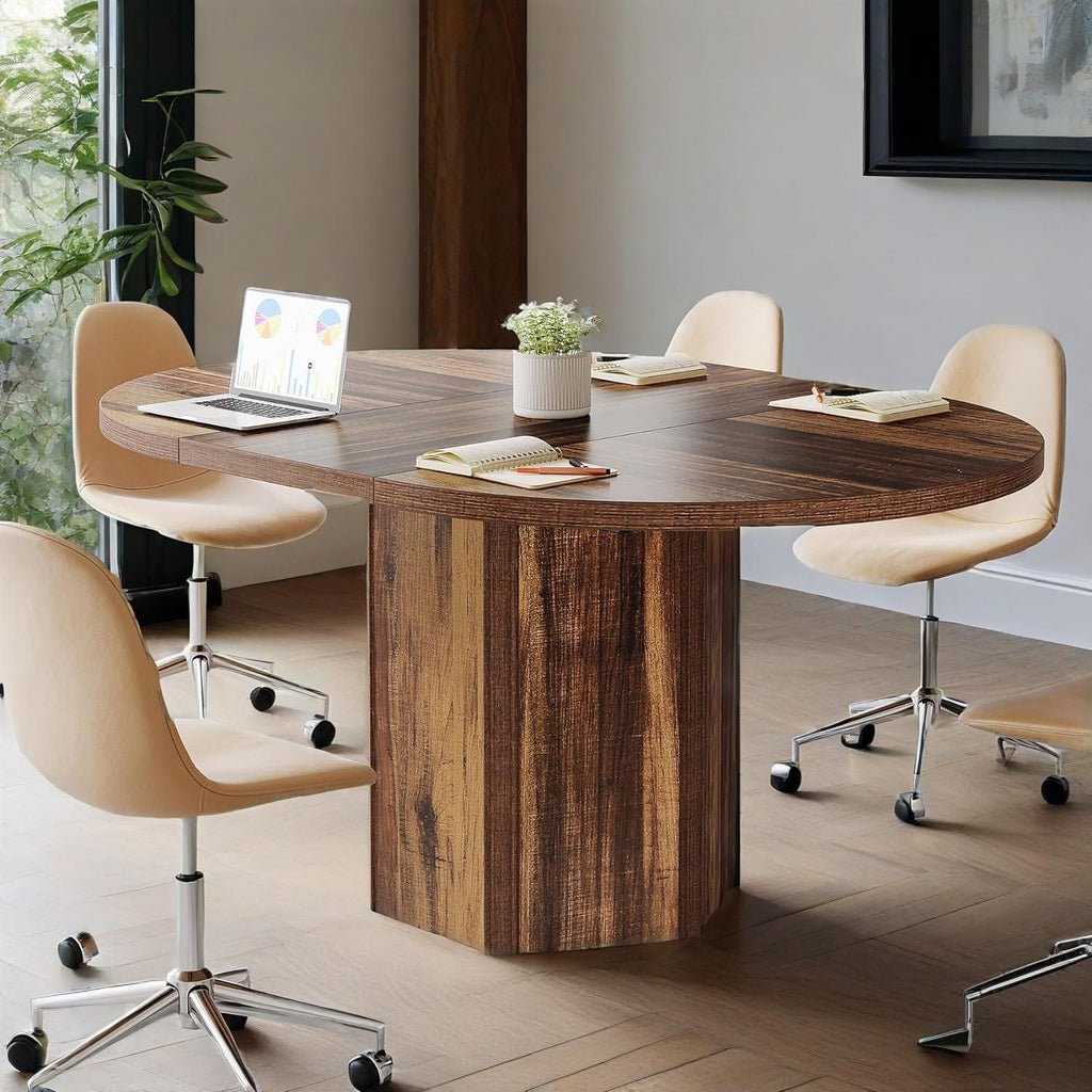 55.12 Inches Oval Conference Table, Rustic Wood Conference Meeting Room Table for 4-6 People, Small Seminar Table with Polygon Shaped Base