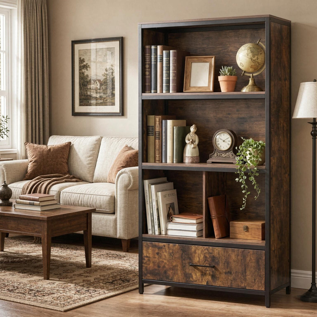 56 Inch Tall Freestanding Bookcase with Drawer 5-Tier Storage Shelf Unit for Living Room Bedroom Home Office Decor