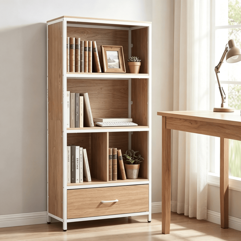 56 Inch Tall Freestanding Bookcase with Drawer 5-Tier Storage Shelf Unit for Living Room Bedroom Home Office Decor