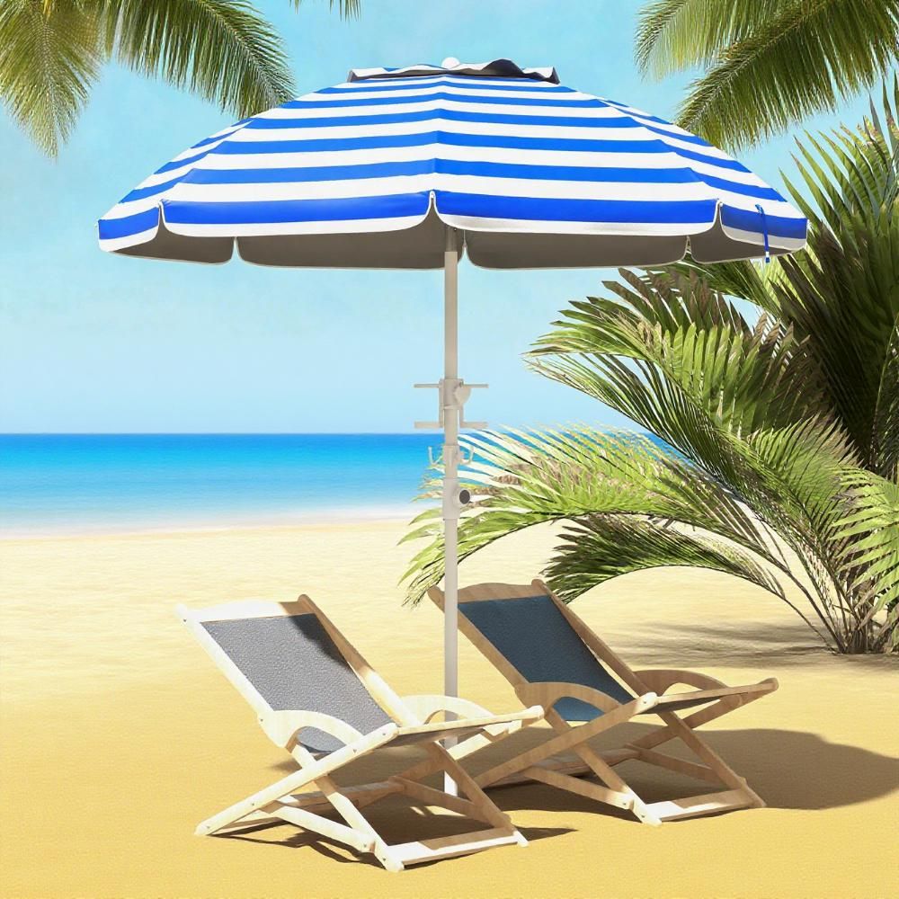 5.7' Beach Umbrella for Travel with Tilt, Adjustable Height, 2 Cup Holders, Hooks, Vent, Ruffles, Blue Stripe