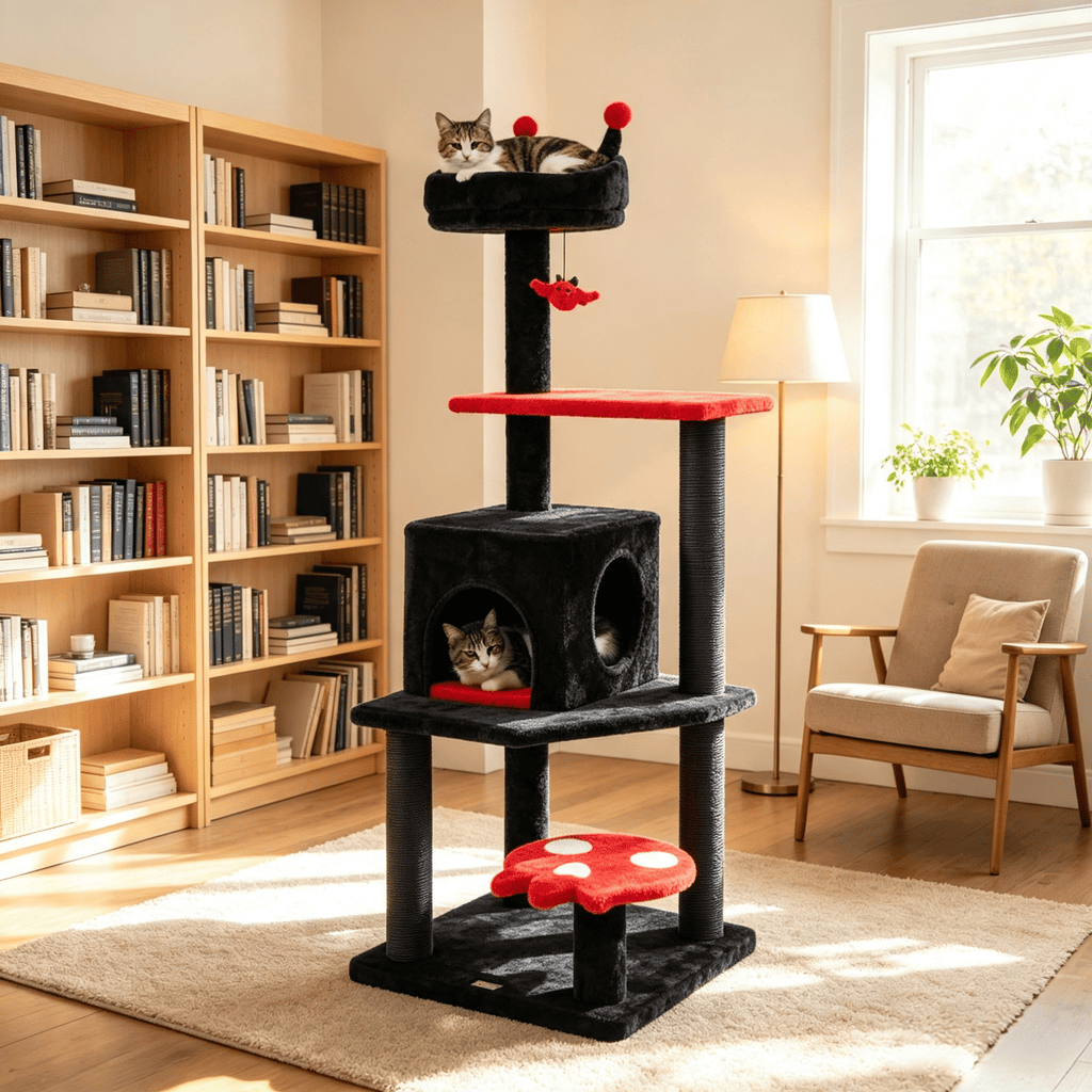 57" Spooky Cat Tower for Cats with Padded Perch And Spider Shaped Hanging Toy Cat Scratcher Board Interactive Cat Tree for Kittens