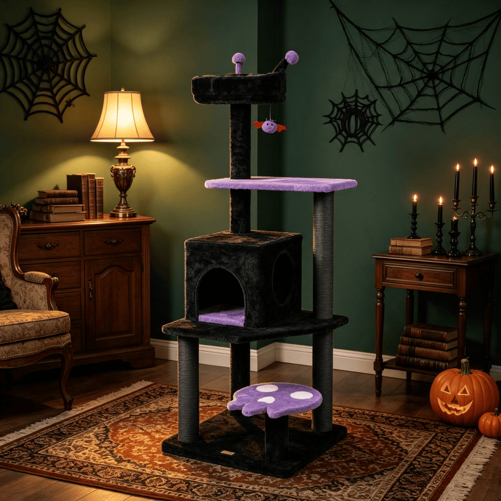 57" Spooky Cat Tower for Cats with Padded Perch And Spider Shaped Hanging Toy  Interactive Cat Tree for Kittens