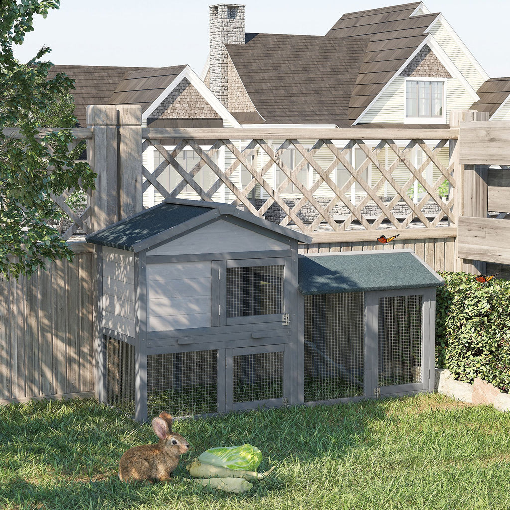 58" Large Rabbit Hutch Outdoor Indoor, Wooden Bunny Hutch, Guinea Pig Cage with Run, Removable Tray, Asphalt Roof, Lockable Doors and Ramp, for 1-2 Small Rabbits, Dark Gray