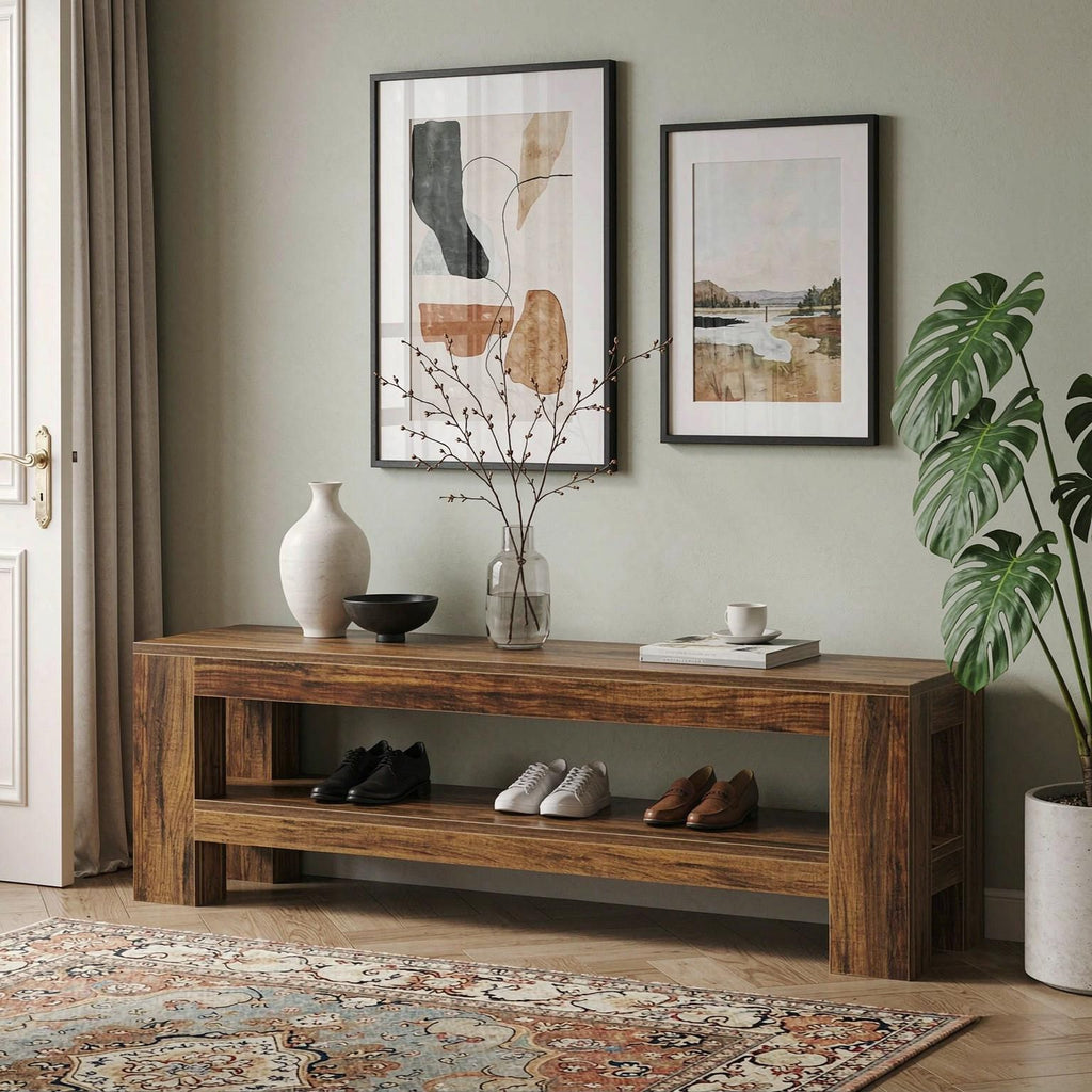 59" Farmhouse Entryway Bench Indoor Console Shoe Bench End of Bed Table - Rustic Wood And Metal Design