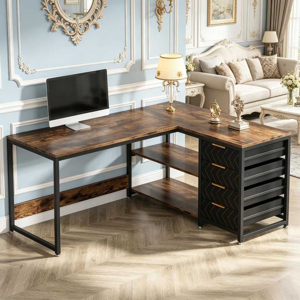 59" L-Shaped Desk  Corner Desk with Drawers And Shelves Home Office Computer Desk Workstation with Storage