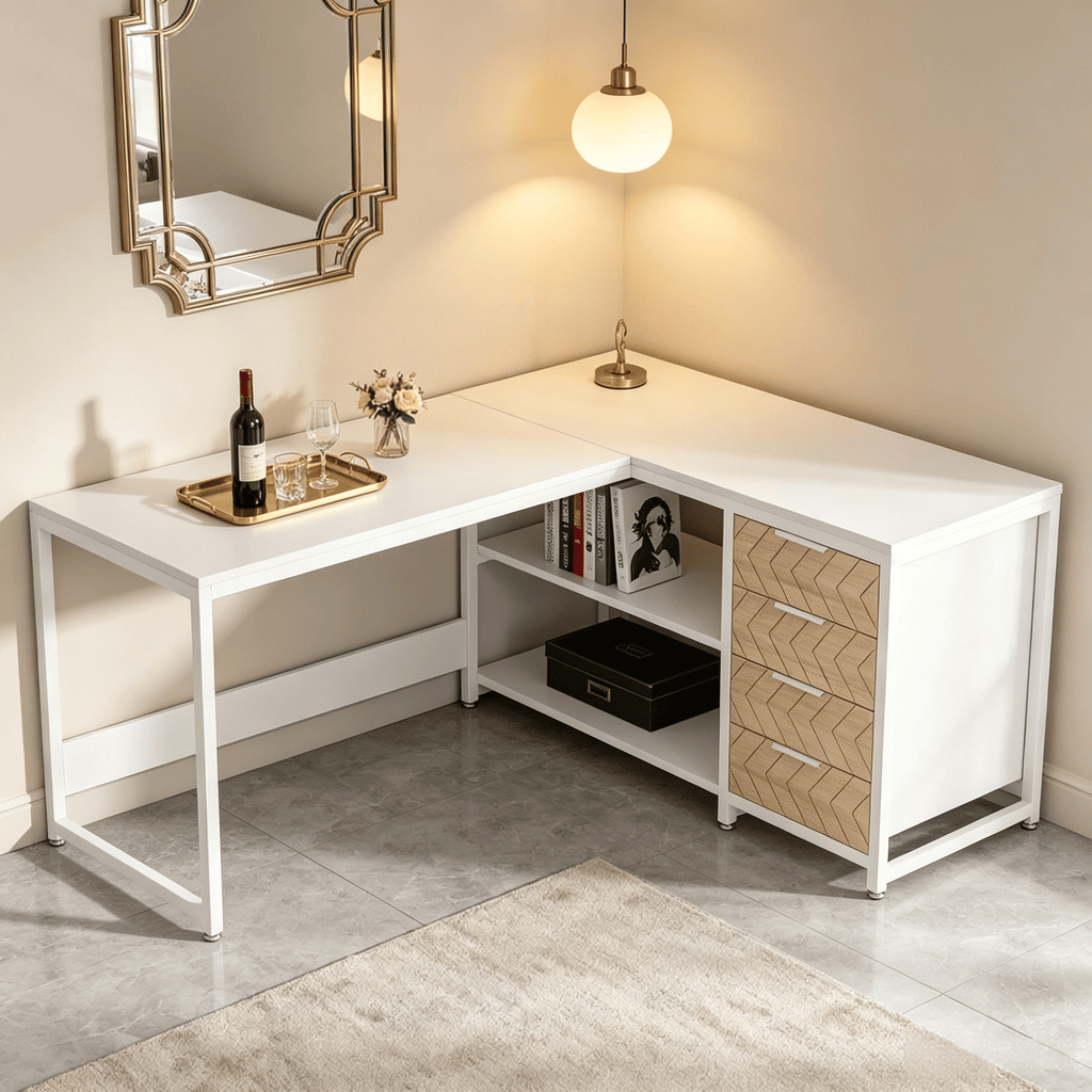 59" L-Shaped Desk Reversible Corner Computer Desk with Storage Drawers And Shelves Home Office Desk Workstation