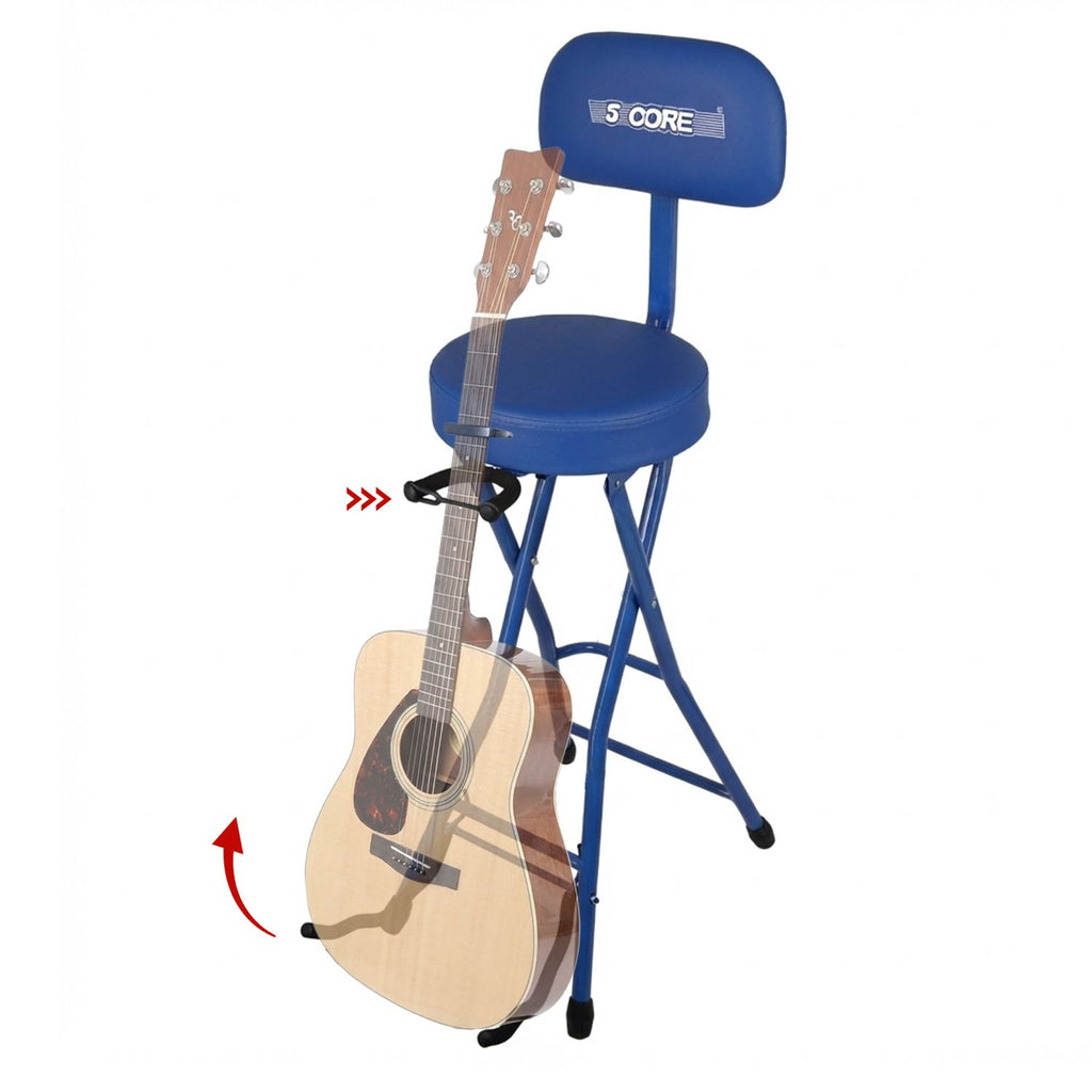 5Core Guitar Stool 3.15" Padded Chair w Backrest Foldable Music Seat Built in Foot Rest Guitar Stand