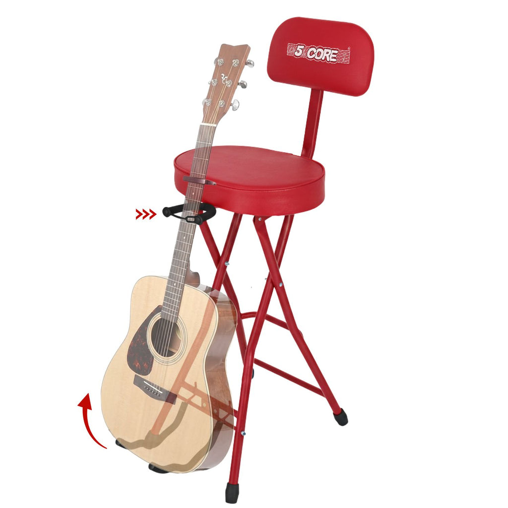 5Core Guitar Stool 3.15" Padded Chair w Backrest Foldable Music Seat Built in Foot Rest Guitar Stand
