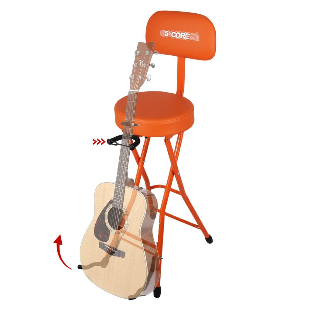 5Core Guitar Stool 3.15" Padded Chair w Backrest Foldable Music Seat Built in Foot Rest Guitar Stand