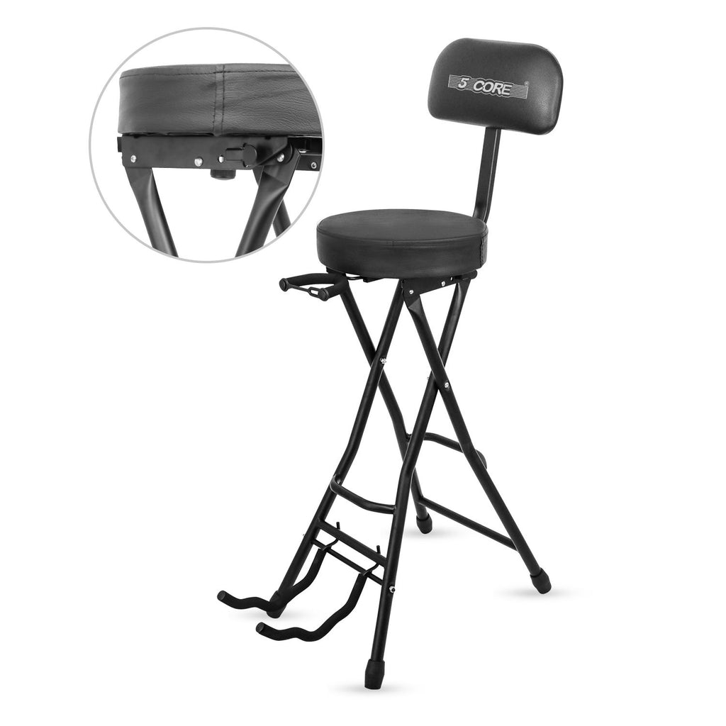 5Core Guitar Stool 3.15" Padded Chair w Backrest Foldable Music Seat Built in Foot Rest Guitar Stand