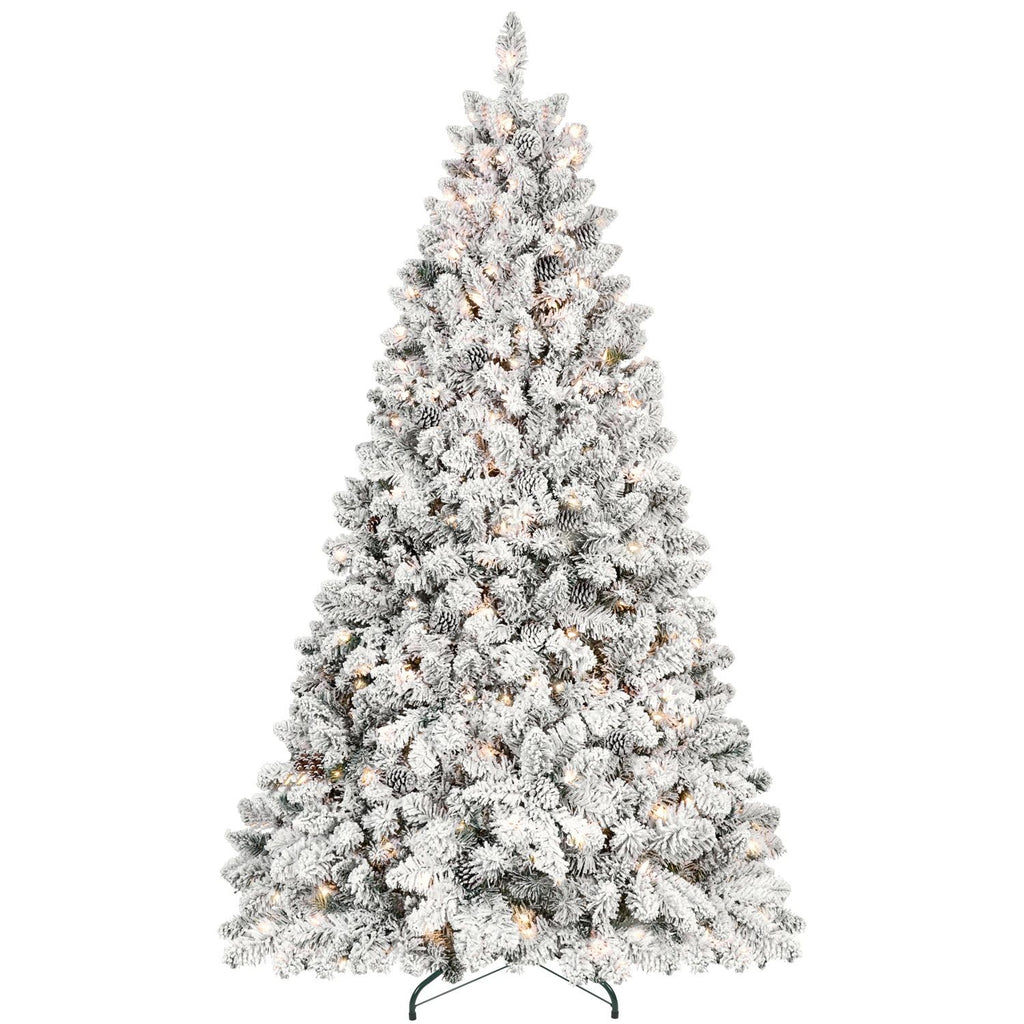 5FT Pre-Lit Flocked Christmas Tree with 300 Warm White LED Lights, 27 Natural Pine Cones & 600 PVC Tips Snowy Artificial Christmas Tree with Metal Sta