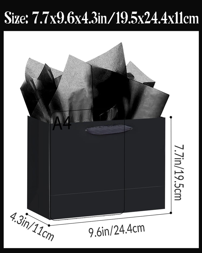 5PCS Black Gift Bags with Ribbon Handles 9.6"x7.9"x4.3" Medium Size Gift Bags (10PCS Tissue Paper included, Medium Wide)