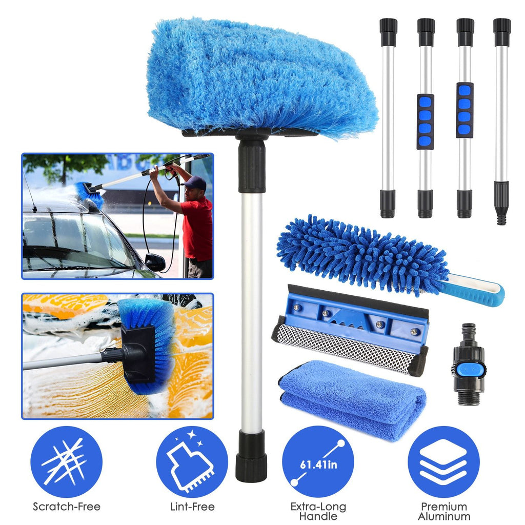 5Pcs Car Cleaning Brush Kit 61in Detachable Long Handle Soft Microfiber Mop Brush Mitt Windshield Squeegee Duster Towel Wheel Tier Brush Hose Adapter For Car RV Truck Boat