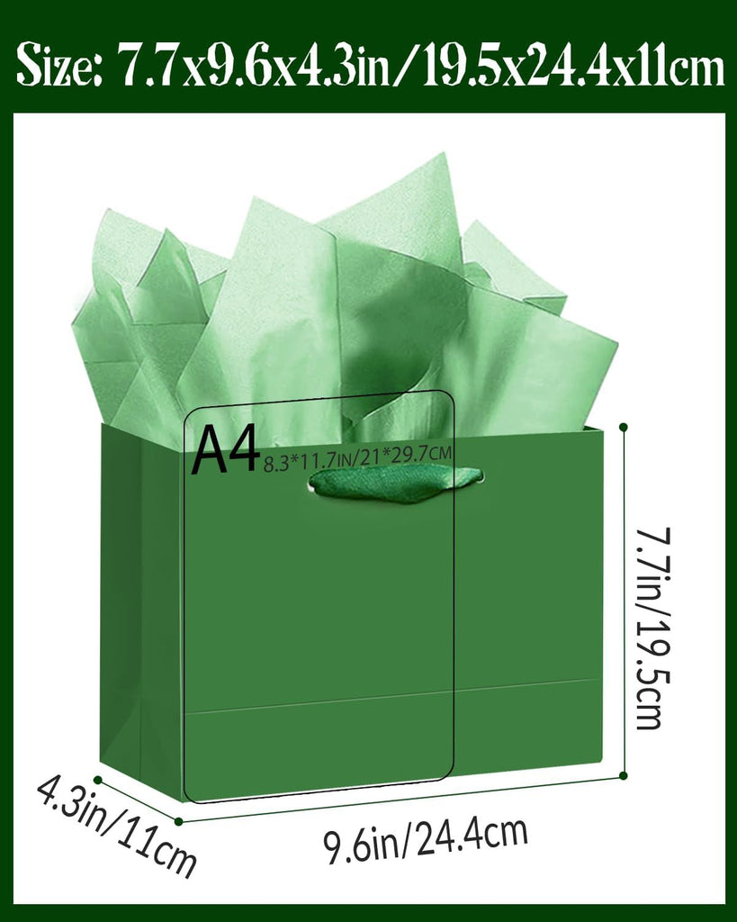5PCS Dark Green Gift Bags with Ribbon Handles 9.6"x7.9"x4.3" Medium Size Gift Bags (10PCS Tissue Paper included, Medium Wide)