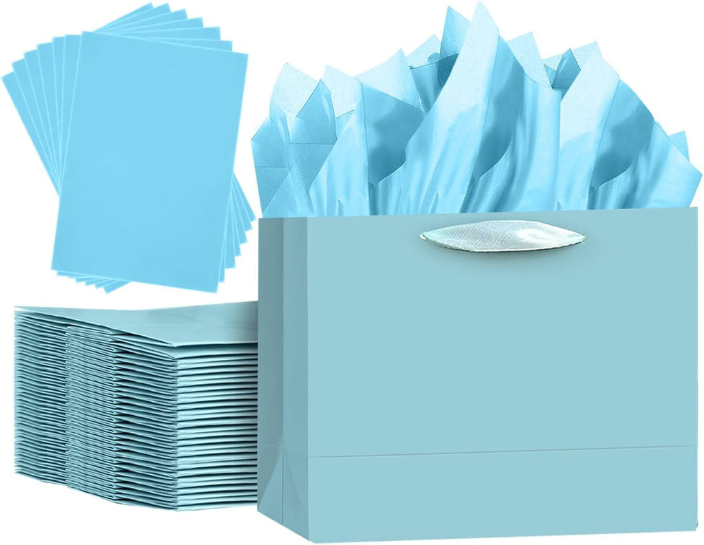 5PCS Lake Blue Gift Bags with Ribbon Handles 9.6"x7.9"x4.3" Medium Size Gift Bags (10PCS Tissue Paper included, Medium Wide)