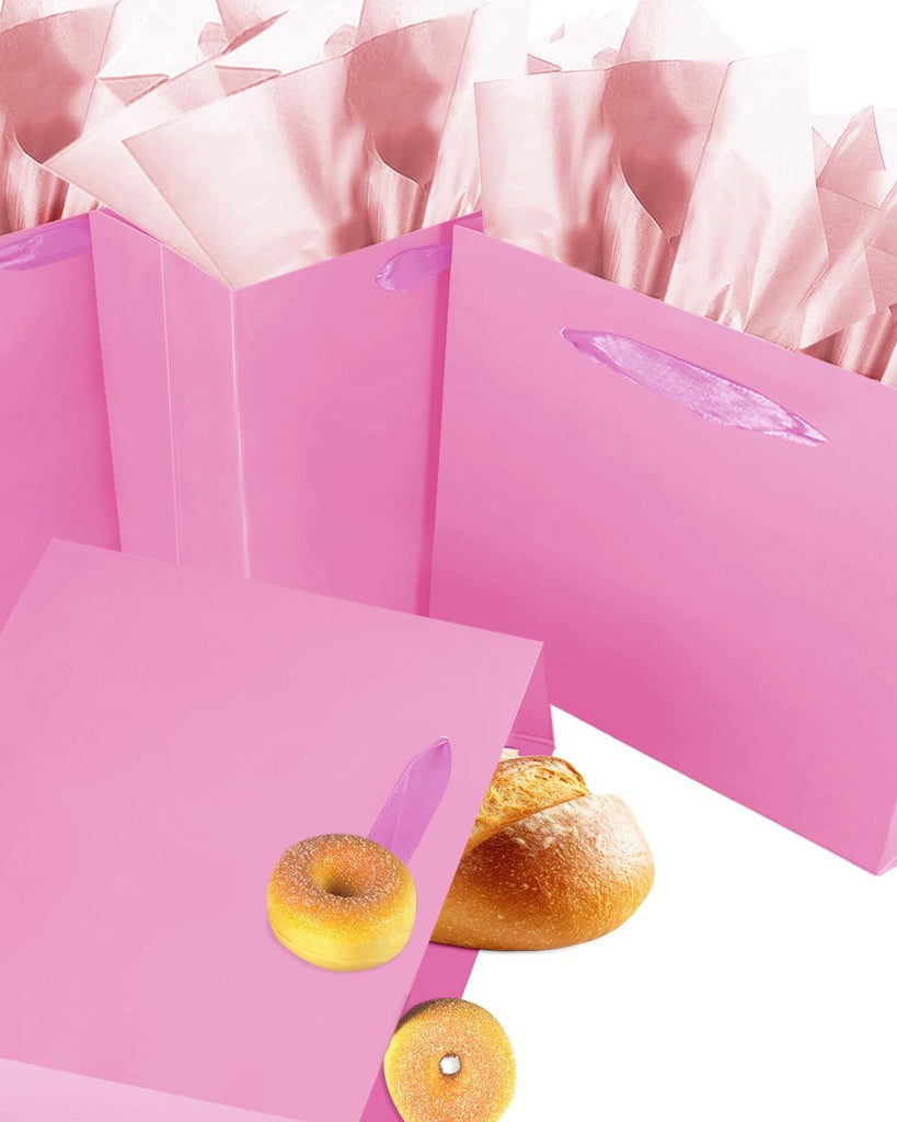 5PCS Pink Gift Bags with Ribbon Handles 9.6"x7.9"x4.3" Medium Size Gift Bags (10PCS Tissue Paper included, Medium Wide)