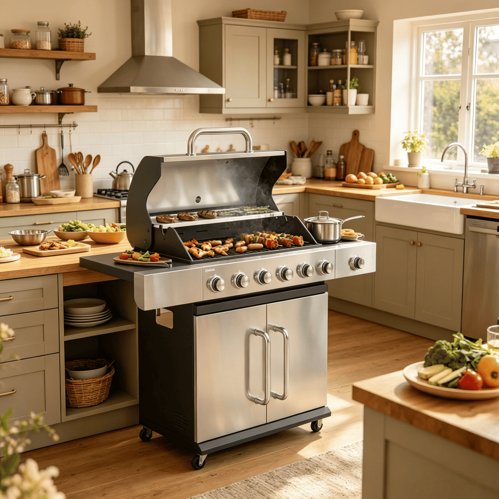 6 Burner Propane Gas Grill with Side Burner BBQ Grill Cast Iron Grates Wheels Side Tables Cabinet Outdoor Kitchen