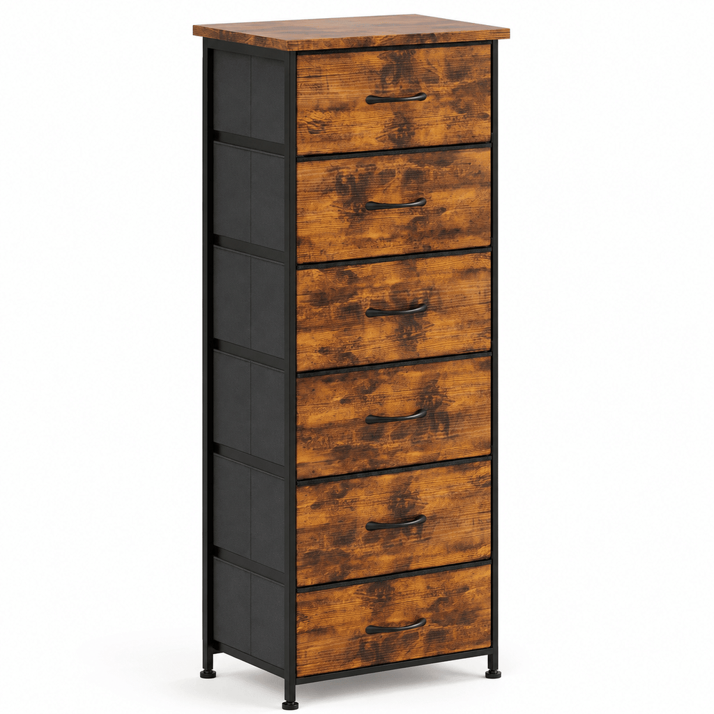 6 Drawer Dresser, Tall Narrow Storage Chest with Rustic Wood Print Fabric Drawers, Steel Frame Dresser for Bedroom Closet Entryway, Wood Top, Vintage Brown