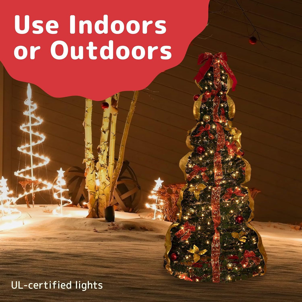 6 ft Fully Decorated Christmas Tree, Gold and Red Collapsible Christmas Tree with 350 Warm Lights, Bows, Ornaments, Holly Leaves and More, Pop Up Xmas Trees with Lights