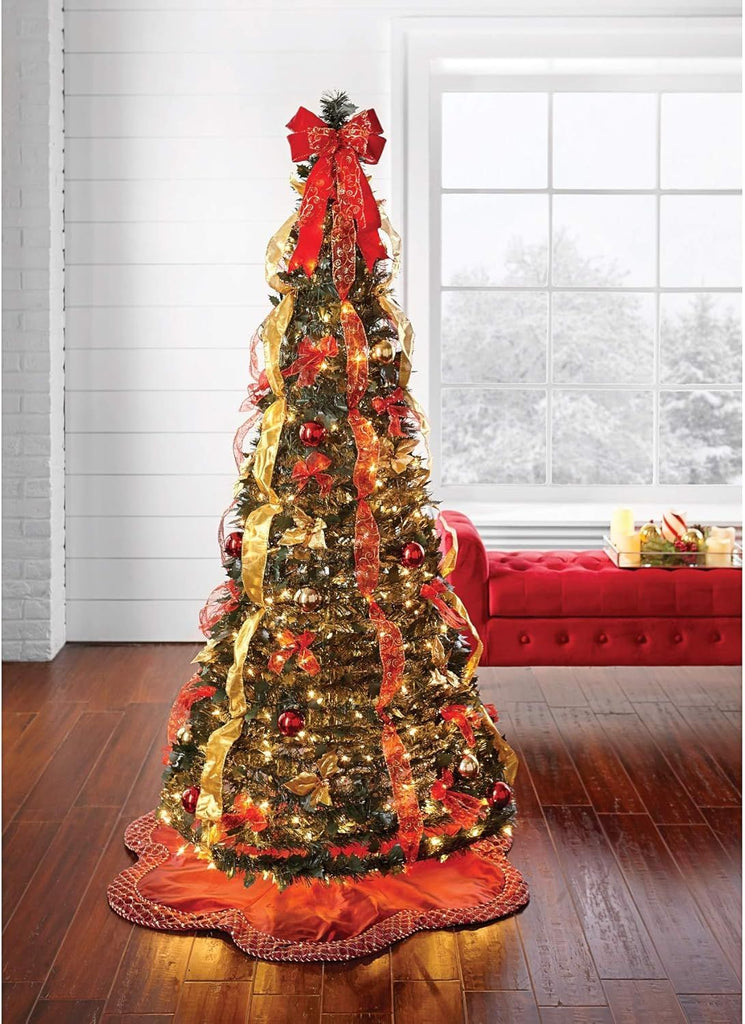 6 Ft Fully Decorated Pre-Lit Pop-Up Christmas Tree with 350 Warm Lights & Included Stand, Collapsible, Easy Assembly - Silver Gold