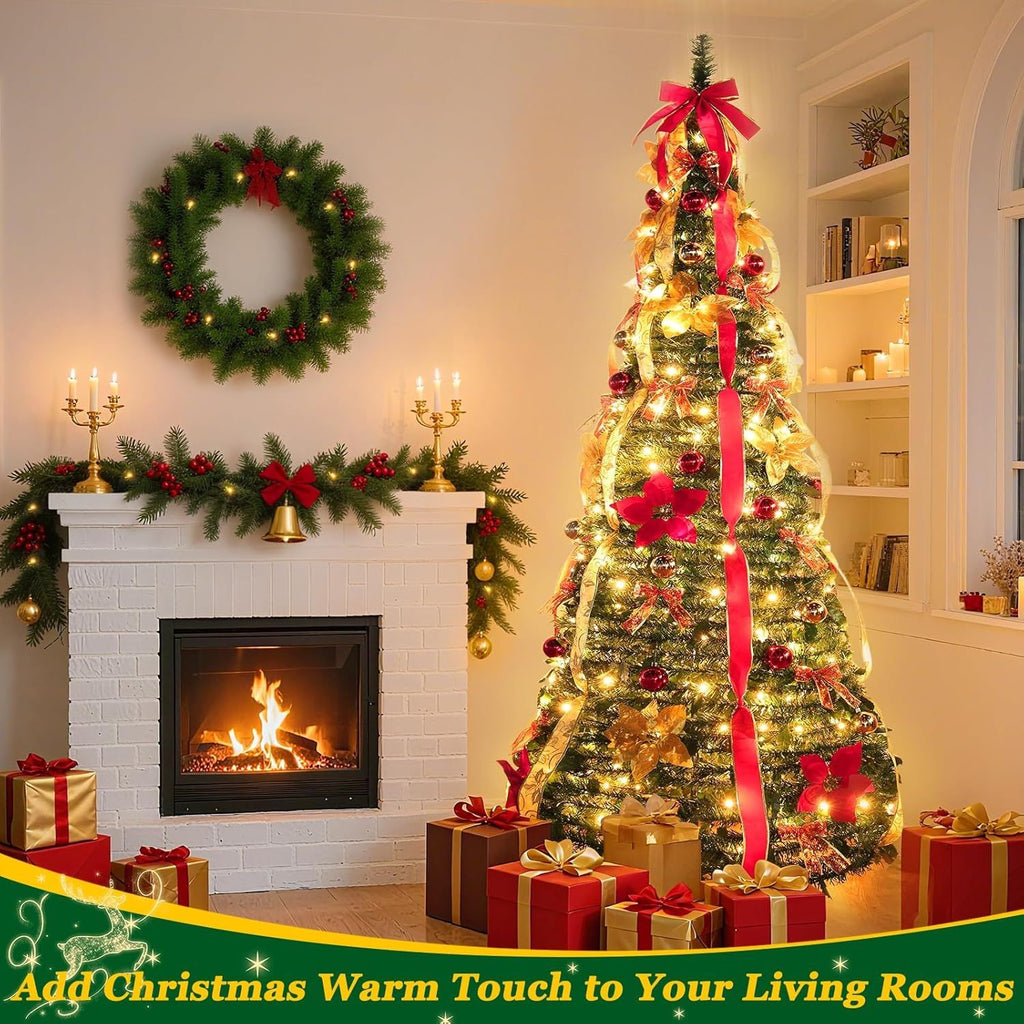 6 Ft Pre-Decorated Pop Up Full Christmas Tree Prelit 200 Warm White LED Lights 8 Modes Timer UL Plug in, 1 Minute Pull Up Collapsible Christmas Tree with 64 Ornaments for Indoor Outdoor Home Holiday