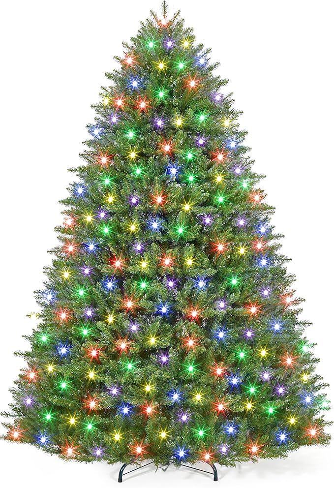 6 ft Pre-Lit Artificial Christmas Tree, Green Christmas Pine Tree with 450 LEDs, 1309 Branch Tips, Collapsible Stand, Switch Foot Pedal, PVC Holiday Trees with Metal Stand, Easy Assembly - Xmas Decor