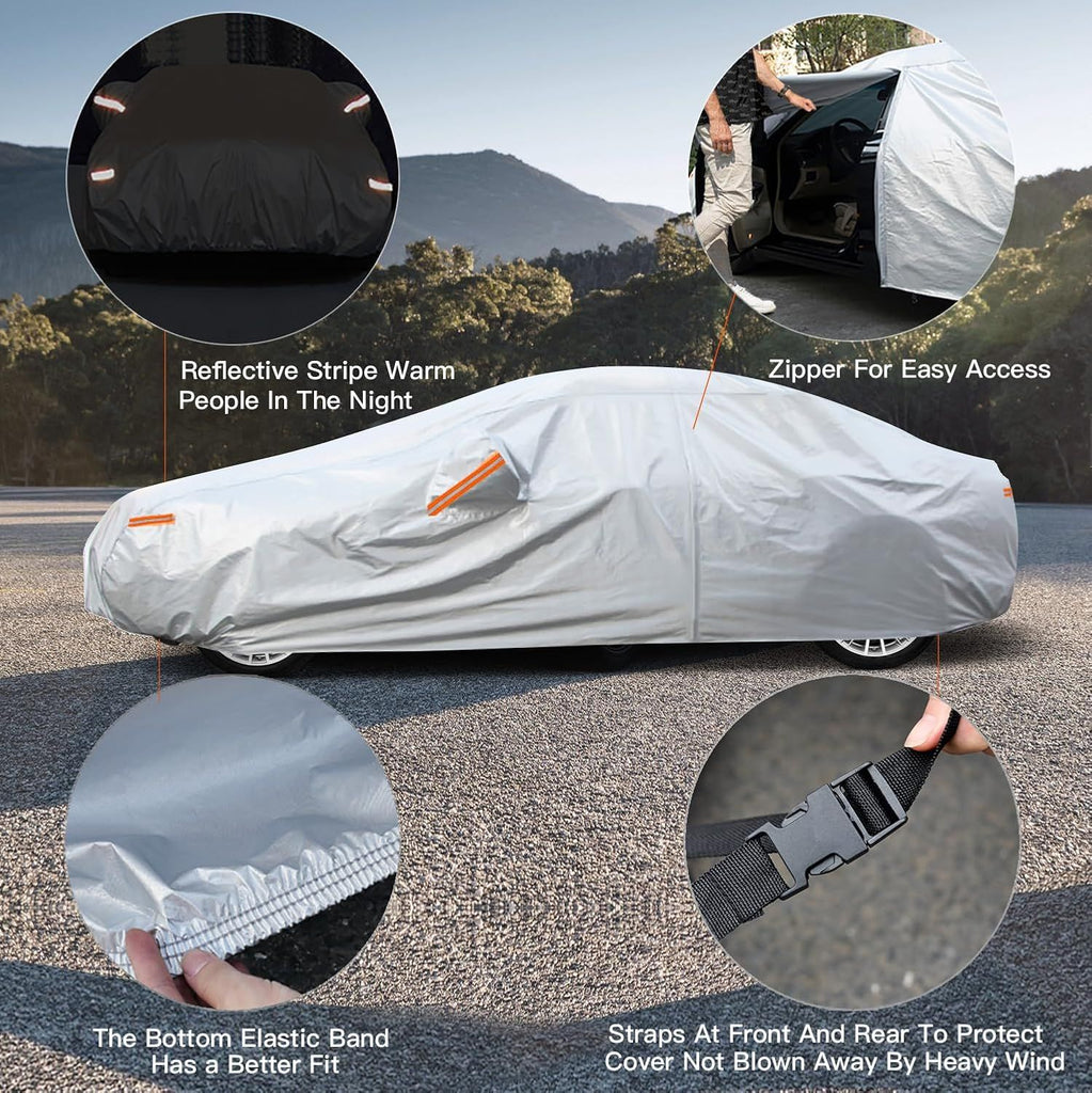 6 Layers Car Cover Waterproof All Weather for Automobiles, Outdoor Full Cover Rain Sun UV Protection with Zipper Cotton, Size A2 3XL Universal Fit for Sedan (186-193 inch)