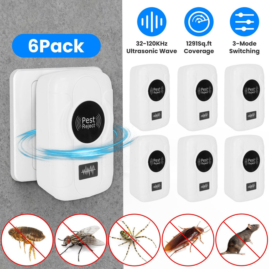 6 Pack 32-120KHz Ultrasonic Insect Repellent Indoor Plug In Bug Repellent Mosquito Roaches Mice Control with 3 Modes for Bedroom Garage Warehouse Office