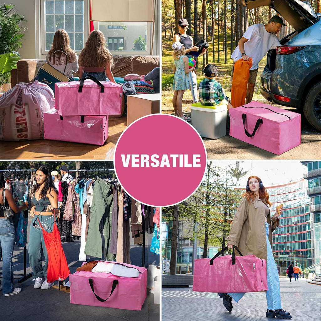 6 Pack Extra Large Moving Bags with Zippers & Carrying Handles Backpack Straps, Heavy-Duty Storage Tote for Space Saving Moving Storage (Pink)