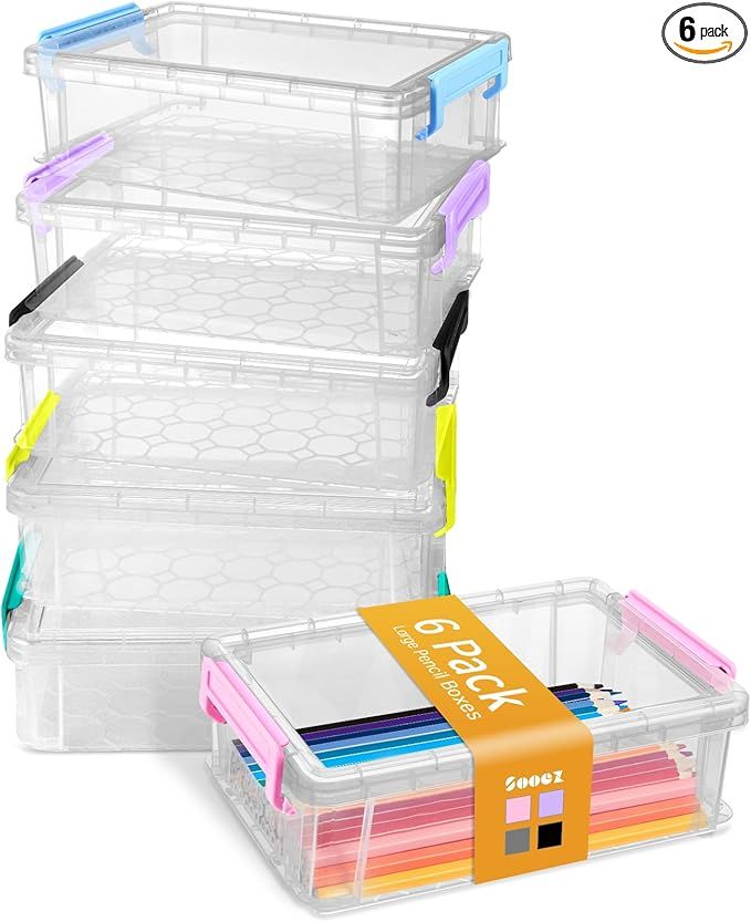 6 Pack Extra Large Pencil Box, Plastic Hard Pencil Case Crayon Box Bulk, Clear Marker Organizer Plastic Containers with Lid, Stackable Storage Boxes for Art Craft, Back to School Supplies, Multi